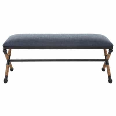 A navy blue bench with a rope backrest featuring a rustic iron frame presented in a side profile view against a white