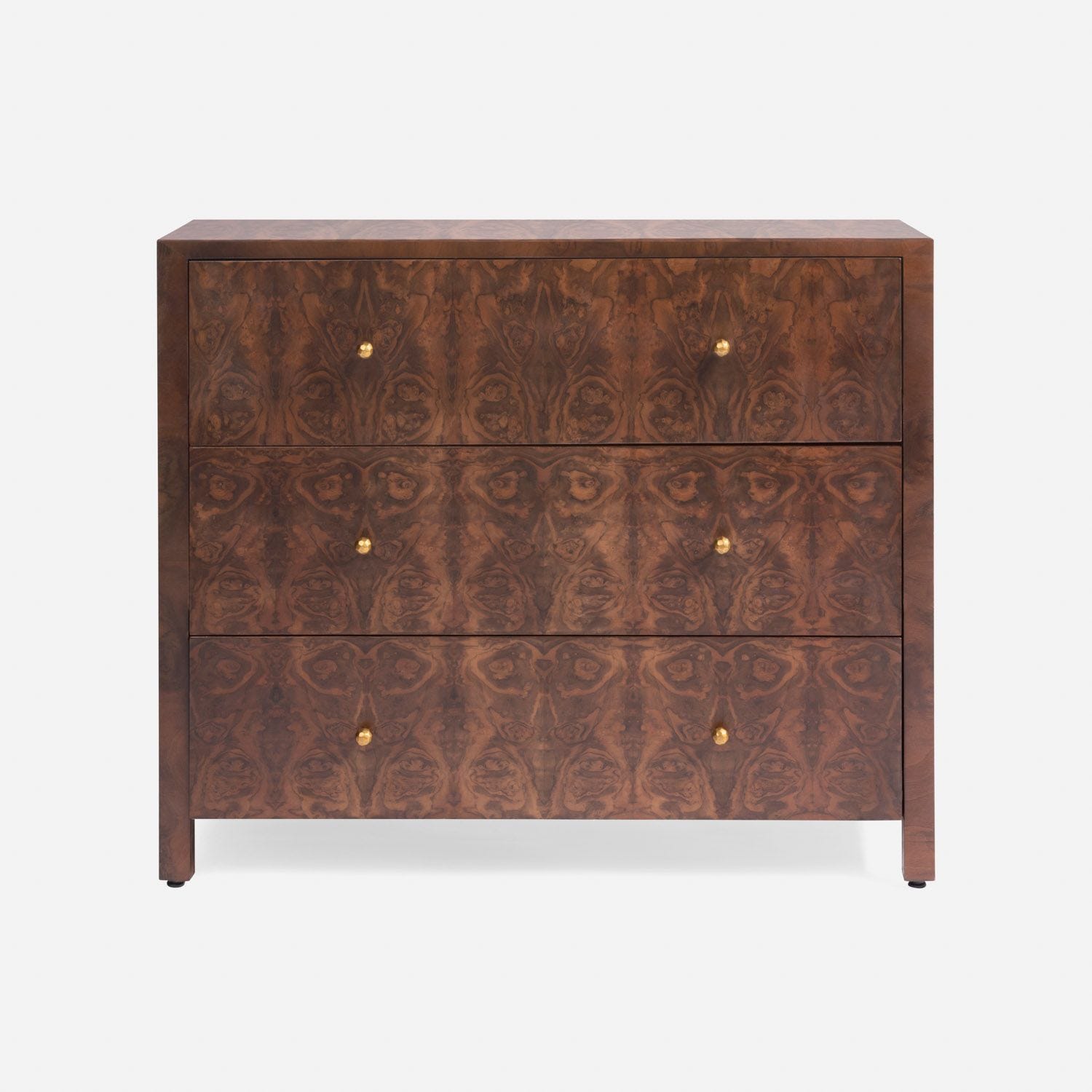Turner 36" veneer dresser, three drawer chest in olive ash wood, brass hardware, elegant design, wooden furniture, bedroom storage unit, decorative piece.