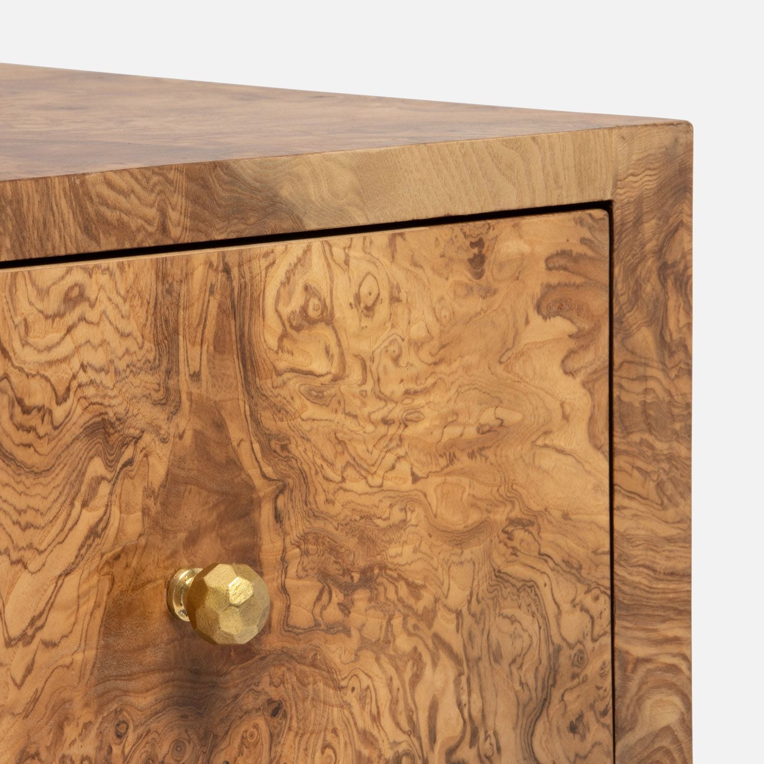 36" Turner Dresser in Olive Ash Veneer with brass handles, showcasing its elegant design from a side profile viewpoint.