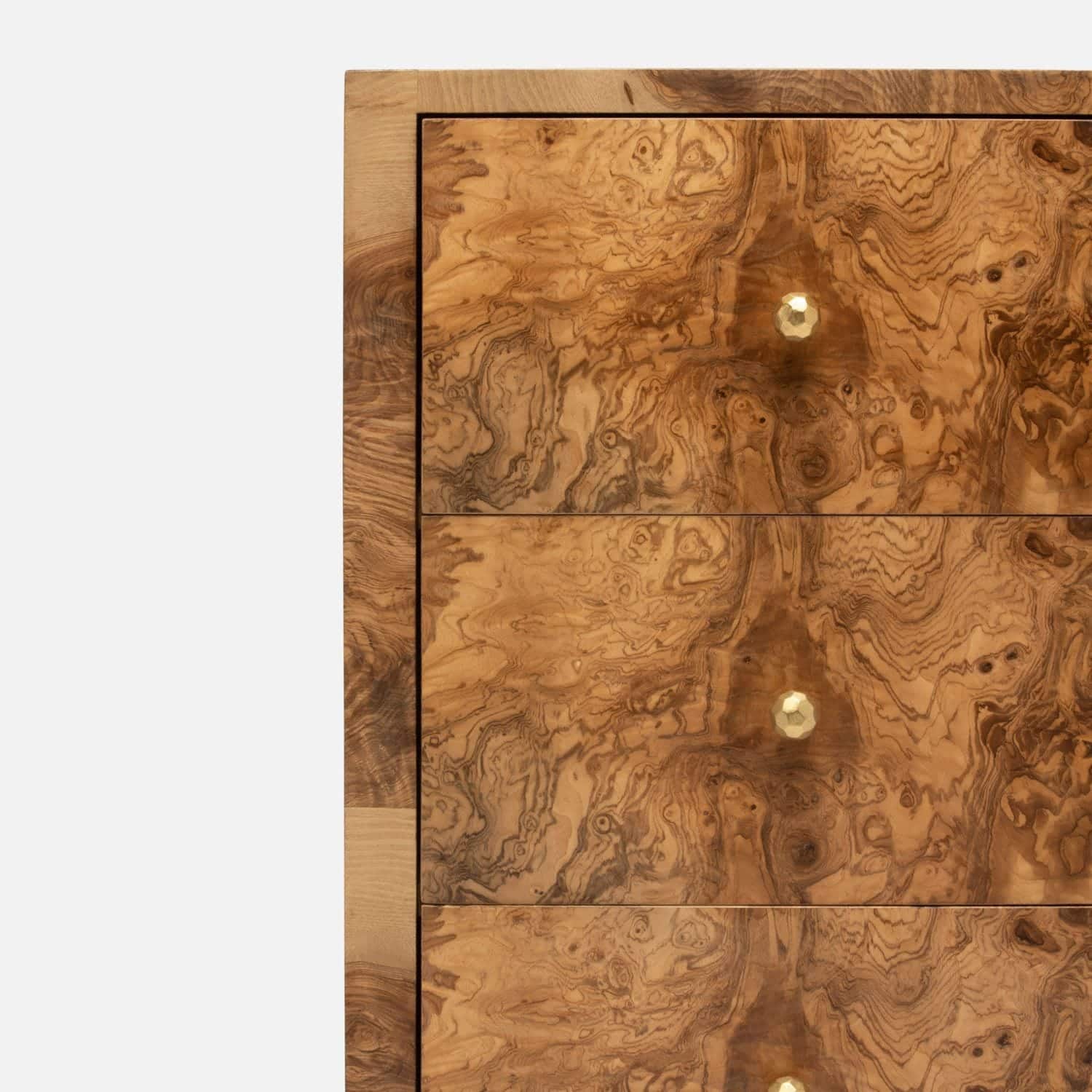Olive ash veneer dresser in the image, three drawers visible, brass handles on front, dark wood grain.