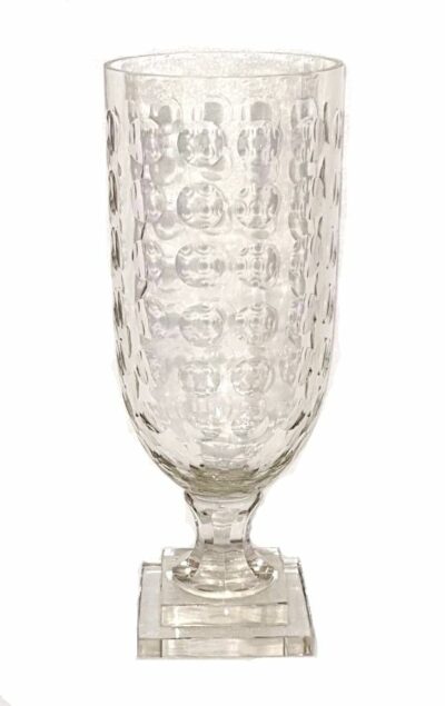Large, clear egg cut hurricane with handcrafted, mouth-blown glass