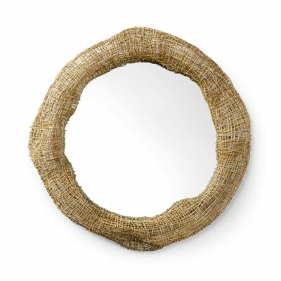Large wicker mirror with intricate open weave design in natural finish, set against white background.