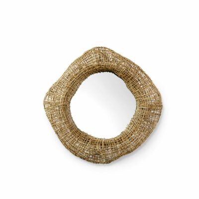 Small wicker mirror with a natural finish, featuring an open weave design on a powder-coated metal frame with a mounting cleat.