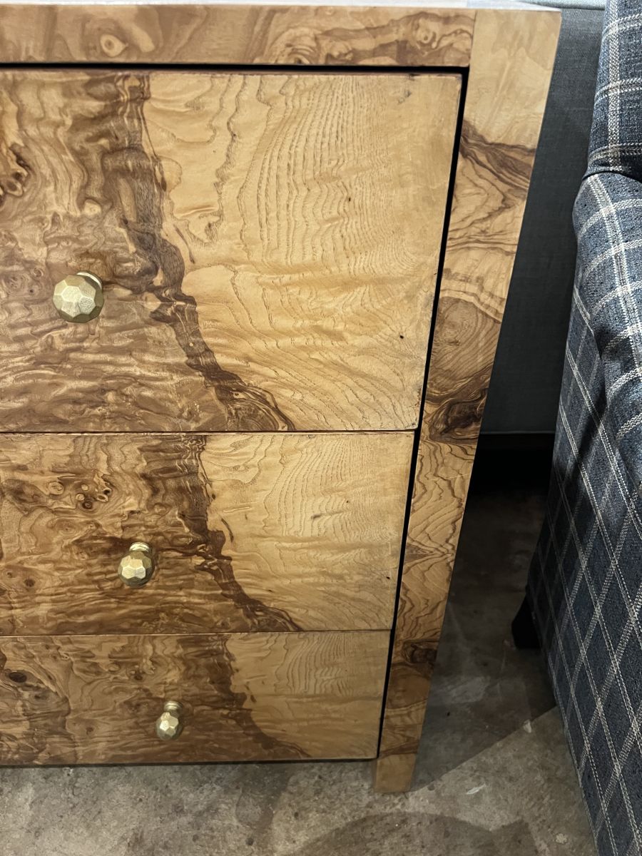 Olive Ash Veneer Dresser, Turner Collection, Close-up View, Brass Hardware, Elegant Wood Grain Pattern