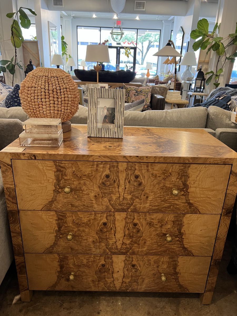 Olive Ash Veneer Dresser with Brass Hardware, 36 inches wide