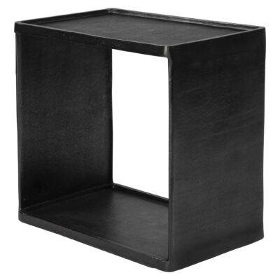 Dark industrial style side table with rectangular frame and open bottom shelf, finished in black and sitting on a white surface.
