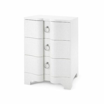 White three-drawer nightstand with circular pulls against white background.