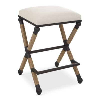 Backman Counter Stool with Oatmeal Performance Fabric and Rustic Iron Frame, showcasing its sturdy construction and comfortable seat
