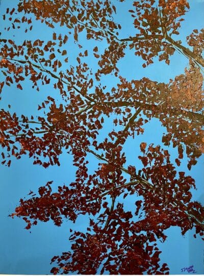 Vivid autumn tree leaves against a clear blue sky, captured in an original acrylic painting on canvas.