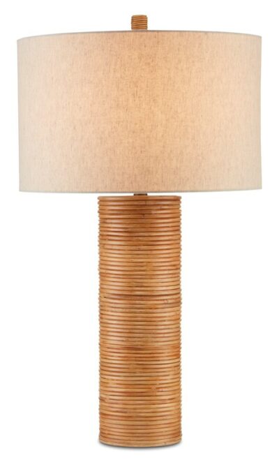 Rattan column table lamp with beige linen shade, 150 watt max, 3 way turn knob.