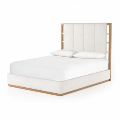 A luxurious king size bed with a sleek modern design featuring a solid oak base frame upholstered in light linen-like fabric set