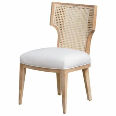 Cerused oak chair with natural cane backrest, featuring a white cushion on the seat.