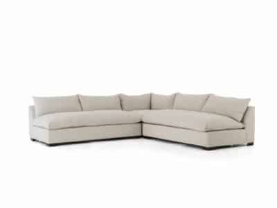 Vice Modern Armless 3 Piece Sectional in High Performance Fabric, featuring Espresso Legs and available in Natural Oatmeal or Charcoal Velvet.