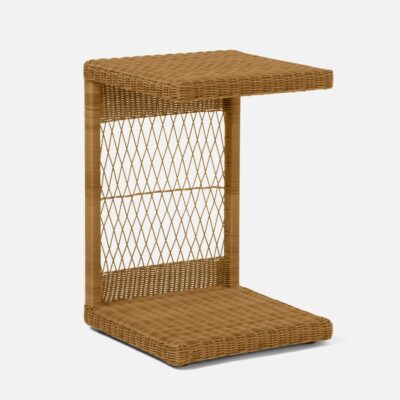 Outdoor wicker laptop table featuring a wire basket design available in three colors graywash light honey or off white Also offered in