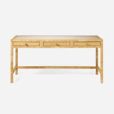 Large peeled rattan 3 drawer desk with box stretcher and glass top, featuring soft close drawers and a clean, modern design.