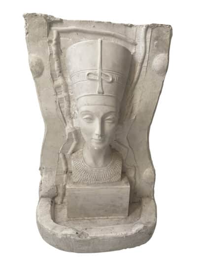 Antique French Pharaoh's Bust in Plaster, featuring a detailed depiction of a pharaoh's head and headdress, showcasing intricate carving details.
