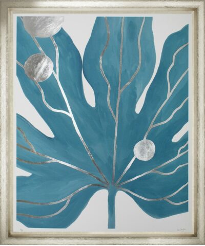 Embellished blue palm print art featuring hand-painted silver leaf details in a limited edition of 50 signed and numbered with a silvered