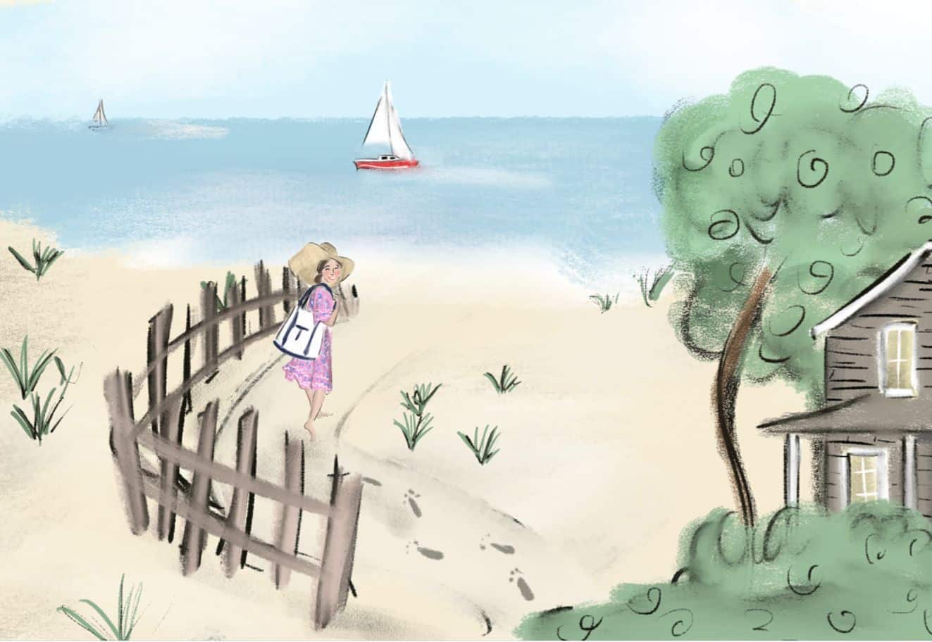 Colorful beach scene featuring an Amagansett painting with a woman walking on the sand in front of a house near a fence