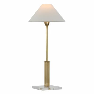 The image shows an Asher Adjustable Table Lamp with a brass finish and a crystal base This table lamp is designed to