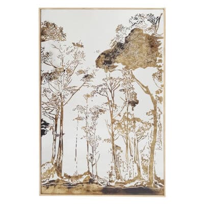 Elegant wall mirror showcasing intricate eglomise gold landscape detail, reflecting serene woodland scene.
