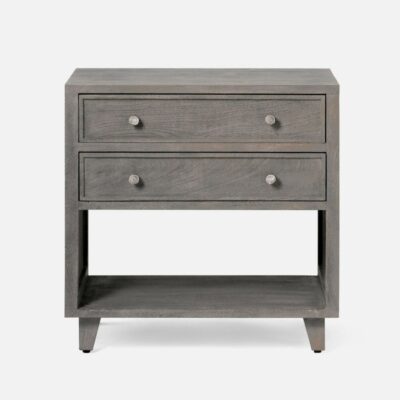 Stylish Mango Wood Nightstand, mid-century design, two drawers, open base shelf, tapered legs, dark rustic finish.