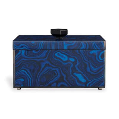 Faux Malachite Box in Blue Pattern, Paper Cast in Acrylic Frame, Nickel Feet – Close-up View.