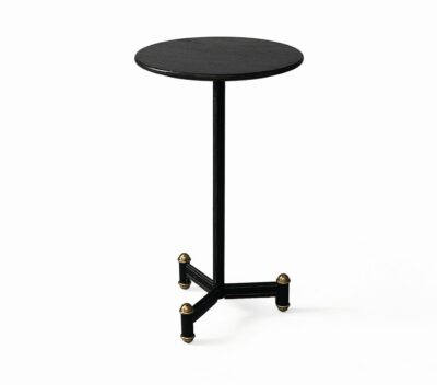 Sleek black side table with a pebbled leather base and a smoked oak top, featuring brass accents.