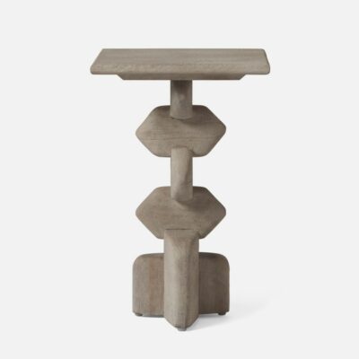 Handcrafted wooden accent table, available in dark rustic or light gray finish, featuring a geometric design on its legs.