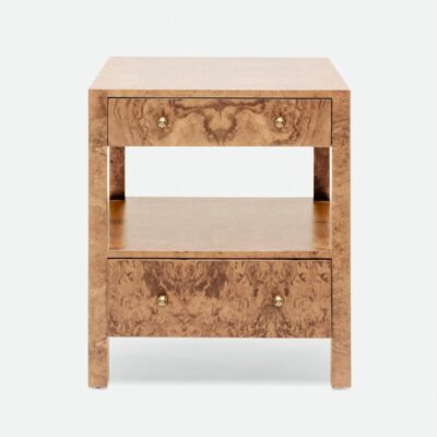 Medium Turner Burlwood Bedside Table, two drawers, open shelf, olive ash or walnut veneer, available in large or small size.