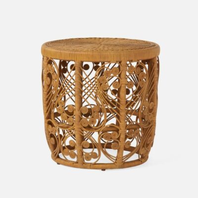 Wicker side table with intricate design.