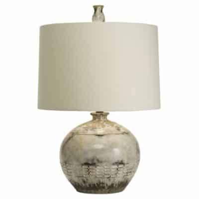 Small ceramic lamp with antiqued glaze and white drum shade