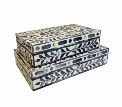 Stylish floral bone boxes in two sizes, large and small, showcasing intricate designs on dark wood surfaces.