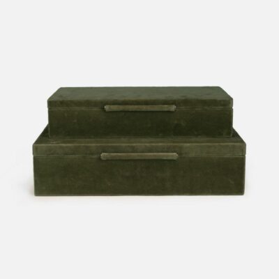 Close-up of two large velvet boxes in gray, green, and ochre colors.