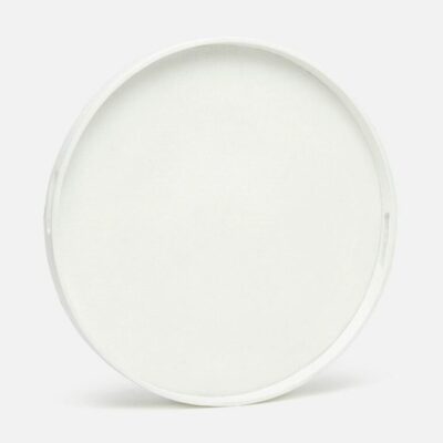 Close-up of pristine white faux raffia tray with cutout handles.