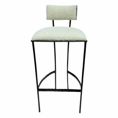 Boucle Bar Stool - Front view of textured metal frame with boucle upholstery.