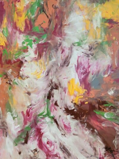 Floral abstract painting in vibrant colors on canvas, featuring an original artwork by Orbedonna.