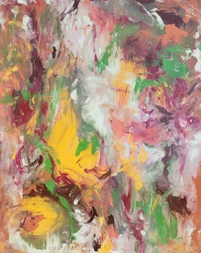 Vibrant garden scene in acrylic on canvas, featuring lush green foliage and blooming flowers.