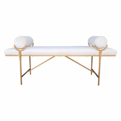 White velvet scepter bench with gold finish and plush seat and pillows, also available in other finishes and fabrics.