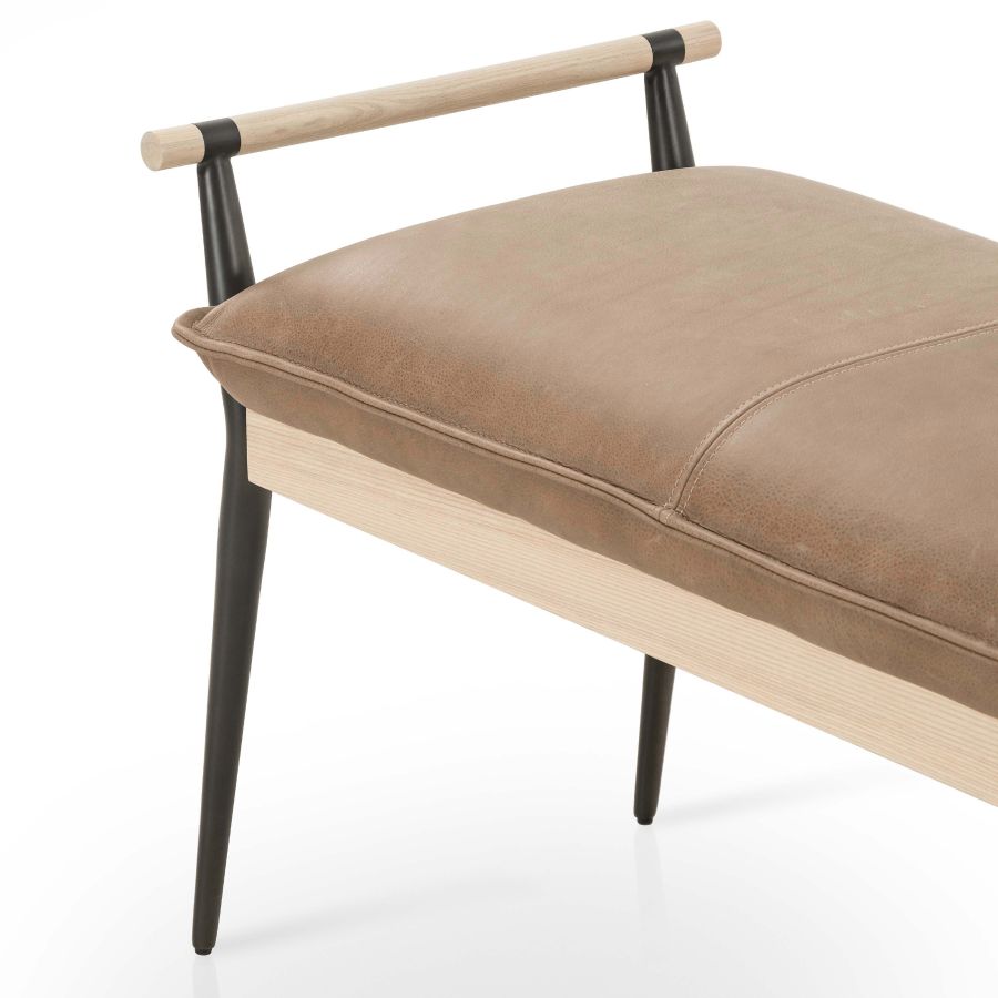 Slim, modern bench with oak frame and brown leather seat.