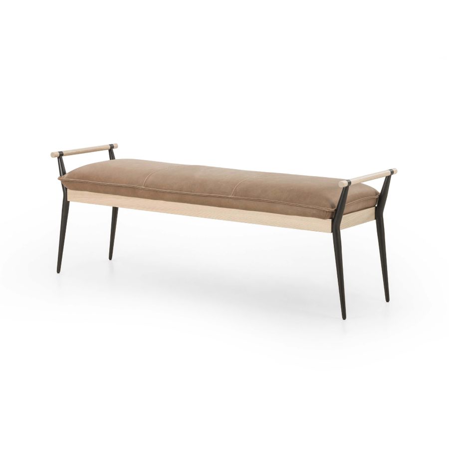 Slim bench with oak frame and leather seat, available in tan or grey upholstery.