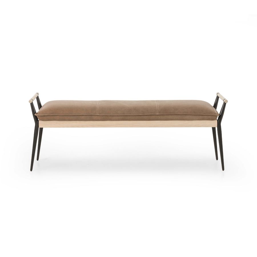 Slim bench with tan leather seat, set against white background.