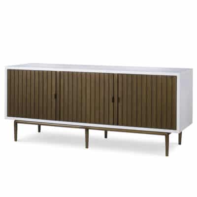 Naples Cabinet in white smooth gesso, featuring closed back and finished aged brass doors and base.