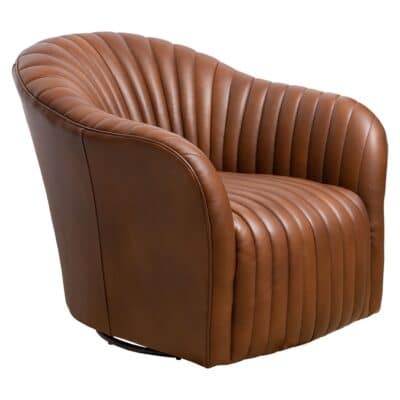 Brown leather armchair in front view with smooth texture and visible stitching.