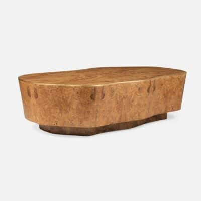 Medium Query Abstract Burlwood Coffee Table, showcasing its natural wood texture and gold trim, emphasizing its unique design and craftsmanship.