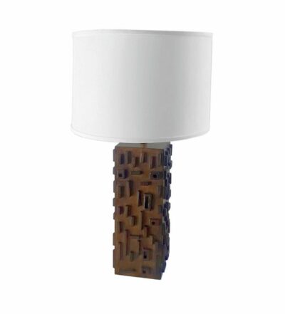 Hand carved table lamp, either coffee or white finish, 3-way switch, linen drum shade, each piece varies slightly due to hand carving.