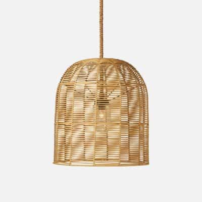 Large faux rattan outdoor pendant with braided abaca rope, 24"D x 28"H, available in light honey color.