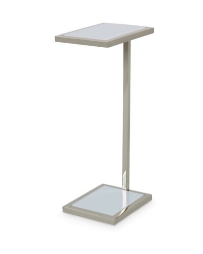 Sleek modern side table with a white stone top and base, featuring a polished nickel frame.