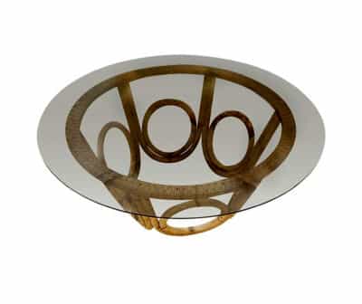 Bamboo coffee table with intricate design and smoked glass top, circa 1970