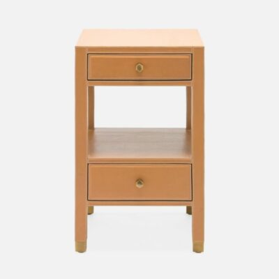 Alt Text: "Bedside table with aged camel leather finish, two drawers, and gold-tone pulls.