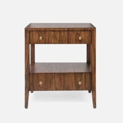 Medium Solaris Nightstand in front view, showcasing natural Brazilian wood and abstract brass knobs.